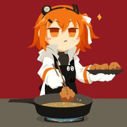 1girl :&lt; a.i._voice adachi_rei apron black_apron black_shirt blush_stickers chicken_(food) chopsticks closed_mouth commentary_request cooking cooking_oil fried_chicken frying_pan gloves hair_ornament hair_ribbon hairclip headlamp holding holding_chopsticks holding_plate hood hood_down hooded_jacket jacket jitome long_sleeves looking_at_viewer medium_hair no_pupils no_sclera one_side_up orange_hair plate radio_antenna red_background ribbon shirt simple_background solo sparkle stove table turtleneck upper_body utau v-shaped_eyebrows white_gloves white_jacket white_ribbon yuhshi_(u4)