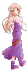 Rule 34 | 1girl, alphes (style), back, belt, blonde hair, blush, brown belt, dairi, dress, full body, hand fan, hand up, highres, holding, holding fan, juliet sleeves, long hair, long sleeves, no headwear, parody, puffy sleeves, purple dress, purple shoes, shirt, shoes, simple background, solo, style parody, tachi-e, touhou, transparent background, watatsuki no toyohime, white shirt