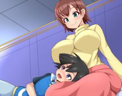 1boy 1girl age_difference ash_ketchum black_hair blue_eyes blush breasts brown_hair honotomo7 janet_(pokemon) jewelry large_breasts lying_on_lap nintendo pendant pokemon pokemon_(anime) pokemon_ag013 pokemon_rse_(anime) sweater turtleneck turtleneck_sweater