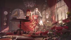 2girls analog_clock animal armillary_sphere bird black_bow black_dress black_footwear black_headwear black_ribbon blonde_hair blue_eyes blunt_bangs bonnet book bow candle capelet carpet chair chandelier checkered_floor chess_piece clock clockwork closed_mouth commentary couch cup curly_hair curtains cushion day dove dress dress_bow dress_flower drill_hair english_commentary falling_petals fireplace floor_tiles flower frilled_dress frilled_sleeves frills from_side full_body hair_flower hair_intakes hair_ornament hair_ribbon hand_on_own_cheek hand_on_own_face head_tilt highres holding holding_cup indoors king_(chess) light_rays long_dress long_hair looking_at_viewer mirror multiple_girls on_chair parted_lips petals phonograph pigeon pillow queen_(chess) red_capelet red_carpet red_curtains red_dress red_eyes red_flower red_headwear red_rose ribbon ribbon-trimmed_dress ribbon_trim rose rose_petals round_table rozen_maiden saki_(1261428692) shinku shoes sidelocks sitting smirk stairs standing suigintou sunlight table tea_set teacup teapot twintails two-tone_dress vase very_long_hair victorian white_dress white_hair wide_sleeves window wooden_table