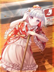 1girl acorn apron bob_cut broom closed_mouth colored_inner_hair commentary_request dot_mouth frilled_apron frilled_kimono frills grey_hair highres holding holding_acorn holding_broom inverted_bob japanese_clothes kimono kissa_hasu_no_sora_(love_live!) leaning_to_the_side link!_like!_love_live! love_live! maid maid_headdress multicolored_hair official_alternate_costume outdoors pink_eyes red_hair red_kimono sakari_(pear_8_ll) shadow short_hair short_sleeves solo streaked_hair virtual_youtuber wa_maid waist_apron white_apron yugiri_tsuzuri