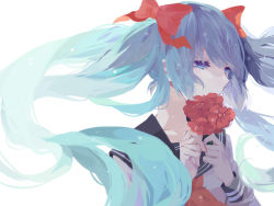 1girl bad_id bad_pixiv_id blue_eyes blue_hair female_focus floating_hair flower hatsune_miku highres long_hair matching_hair/eyes nz_(smile_yuting) school_uniform serafuku solo twintails vocaloid white_background yamaha