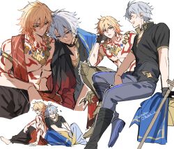 Rule 34 | 2boys, black gloves, black shirt, blue eyes, closed eyes, gloves, grey hair, head rest, highres, honkai: star rail, honkai (series), male focus, multiple boys, multiple views, muscular, muscular male, mydei (honkai: star rail), open mouth, orange eyes, orange hair, phainon (honkai: star rail), red tattoo, shirt, short sleeves, simple background, sitting, smile, teeth, toramaru (696anna), twitter username, upper teeth only, white background