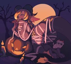1girl all_fours animal animal_ear_piercing animal_ears ass bandages barefoot blonde_hair borrowed_character breasts butt_crack candle candlelight clothed_animal dark-skinned_female dark_skin dog dragon_girl dragon_tail earrings full_body full_moon furrowed_brow gold_earrings gold_scales green_eyes halloween halloween_costume hand_to_own_mouth hand_up highres hoop_earrings horn_ornament horn_ring horns jack-o&#039;-lantern jewelry large_breasts long_hair mole mole_under_eye moon mummy_costume naked_bandage night open_mouth original piku184 pumpkin pyrite_(ironbunz) smile tail teeth upper_teeth_only yellow_scales