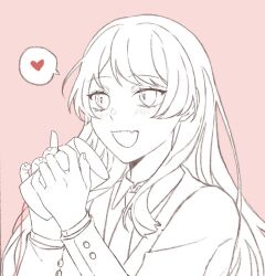 Rule 34 | 1girl, bang dream!, bang dream! it&#039;s mygo!!!!!, blush, chihaya anon, chinese commentary, commentary request, fang, greyscale with colored background, haneoka school uniform, heart, jacket, long hair, long sleeves, necktie, open mouth, pink background, school uniform, simple background, skin fang, solo, spoken heart, string phone, upper body, yuyuyang0402