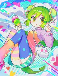 1girl absurdres asymmetrical_legwear blush bun_cover double_bun draco_centauros dragon_girl dragon_horns dragon_tail dragon_wings food grey_hair hair_bun highres holding holding_food holding_ice_cream horns ice_cream index_finger_raised long_sleeves looking_at_viewer mismatched_legwear offbeat parted_lips pleated_skirt pointy_ears puyopuyo puyopuyo_quest short_hair skirt solo tail wings yellow_eyes
