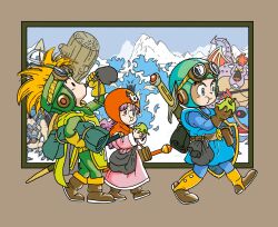 1girl 2boys apple aviator_cap bag black_bag blonde_hair blue_pants blue_tunic boots border brown_boots brown_border cyclops dragon dragon_quest dragon_quest_ii drinking eating food food_in_mouth fruit goggles goggles_on_head green_pants green_tabard highres holding holding_food long_hair monster mountain multiple_boys one-eyed pants pink_hair pink_robe prince_of_lorasia prince_of_samantoria princess_of_moonbrook robe shoulder_bag tabard tcgf_04 toriyama_akira_(style) tunic walking weapon weapon_on_back