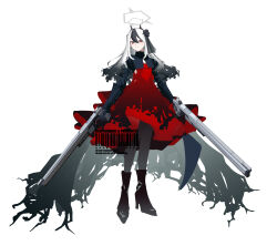 1girl absurdres amagasa_mike barcode black_hair black_shoes blue_archive boots commentary_request dress dual_wielding flower full_body gradient_hair grey_hair gun hair_between_eyes hair_flower hair_ornament halo high_heel_boots high_heels highres holding holding_gun holding_weapon kayoko_(blue_archive) long_hair long_sleeves looking_at_viewer multicolored_hair red_dress red_eyes shoes simple_background solo standing watermark weapon white_background