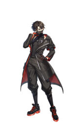 Rule 34 | 1boy, black coat, black eyes, black gloves, black hair, black pants, black shirt, black shoes, closers, coat, covered pectorals, full body, gloves, hand on own hip, hand up, highres, long sleeves, looking at viewer, male focus, mask, mouth mask, official art, open clothes, open coat, pants, pectorals, seha lee, shirt, shoes, short hair, simple background, sneakers, solo, standing, white background