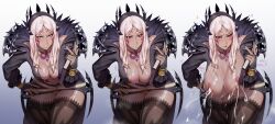 1girl absurdres aroused aversa_(fire_emblem) breast_expansion breasts bridal_gauntlets cleavage commentary commission dark-skinned_female dark_skin english_commentary facial_mark feather_trim fire_emblem fire_emblem_awakening hanging_breasts heavy_breathing highres huge_breasts jotmanlol lactation large_breasts leaning_forward medium_breasts moaning motion_blur nintendo nipple_slip nipples no_panties pussy sagging_breasts sequential skindentation solo sweat thick_thighs thighhighs thighs very_sweaty white_hair white_lips