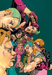 6+boys abs araki_hirohiko black_eyes black_sclera blue_eyes blue_hair brown_hair buzz_cut cheekbones colored_sclera crosshatching domino_mask fingerless_gloves formaggio ghiaccio gloves green_background green_hair hatching_(texture) highres illuso jacket jewelry jojo_no_kimyou_na_bouken long_hair looking_at_viewer male_focus mario_zucchero mask melone multicolored_hair multiple_boys muscular non-web_source official_style open_clothes orange_hair orange_lips pants pesci pink_gloves pink_hood pink_jacket pink_pants prosciutto purple_hair purple_mask risotto_nero sale_(jojo) short_hair thumbs_down two-tone_hair vento_aureo very_short_hair white_eyes