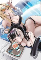 Rule 34 | 2girls, :d, alternate costume, anizi, bikini, black bikini, black hair, blonde hair, blue eyes, blunt bangs, blunt ends, breasts, cellphone, cleavage, closed mouth, commentary request, criss-cross halter, cup, curtained hair, drink, drinking, eyewear on head, green eyes, grey hair, halterneck, hand up, highres, hime cut, holding, holding phone, hololive, hololive dev is, juufuutei raden, koganei niko, large breasts, linea alba, long hair, looking at viewer, lying, median furrow, medium breasts, multicolored hair, multiple girls, navel, on side, open clothes, open mouth, open shirt, orange-tinted eyewear, phone, pool, round eyewear, shirt, side-tie bikini bottom, sitting, slit pupils, smartphone, smile, straight hair, streaked hair, sunglasses, swimsuit, teeth, tinted eyewear, two-tone hair, upper teeth only, virtual youtuber, white shirt