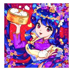 1girl apron chinese_clothes double_bun flower food hair_bun long_hair pink_eyes purple_hair ranma_1/2 shampoo_(ranma_1/2) sidelocks simple_background steamed_bun white_apron
