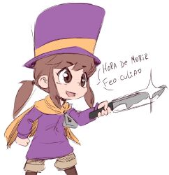 1girl a_hat_in_time boots brown_boots brown_eyes brown_hair brown_pants cape commentary english_commentary hair_tie hat hat_kid holding holding_knife jacket kitchen_knife knife long_sleeves medium_hair open_mouth pants ponytail purple_hat purple_jacket simple_background solo spanish_text speech_bubble spicy_bardo talking top_hat white_background yellow_cape zipper_pull_tab