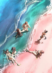 6+girls absurdres animal_ears beach bikini black_bikini black_hair black_tail breasts brown_cardigan brown_hair brown_tail cardigan cleavage closed_mouth commentary crossed_ankles day eyewear_on_head floral_print_sarong frilled_bikini frills from_above full_body green_bikini heart heart-shaped_eyewear highres horse_ears horse_girl horse_tail katsuragi_ace_(umamusume) large_breasts looking_at_another lying lying_on_water maruzensky_(umamusume) mejiro_ramonu_(umamusume) midorin_567 mr._c.b._(umamusume) multiple_girls navel ocean on_back outdoors purple_eyes sandals shadow sirius_symboli_(umamusume) smile standing striped_bikini striped_clothes swimsuit symboli_rudolf_(umamusume) tail toes umamusume upper_body white_hair