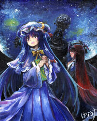 Rule 34 | 2girls, :d, absurdres, bat wings, blue bow, book, bow, capelet, commentary request, commission, crescent, crescent hat ornament, dress, frilled sleeves, frills, hair bow, harikona, hat, hat ornament, head wings, highres, holding, holding book, koakuma, long hair, long sleeves, mob cap, multiple girls, oil painting (medium), open mouth, painting (medium), patchouli knowledge, planetarium, purple capelet, purple dress, purple eyes, purple hair, red bow, red eyes, red hair, signature, skeb commission, smile, touhou, traditional media, very long hair, wide sleeves, wings, yellow bow