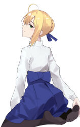 1girl ahoge aprie_01 artoria_pendragon_(fate) black_pantyhose blonde_hair braid braided_bun fate/grand_order fate/stay_night fate_(series) green_eyes hair_bun highres pantyhose saber_(fate) simple_background skirt solo