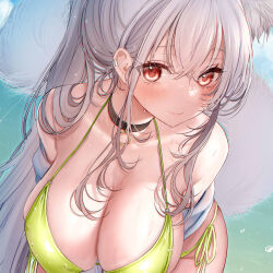 Rule 34 | amane ruri, animal ears, bikini, black choker, blush, breasts, choker, cleavage, closed mouth, collarbone, commentary request, crossed bangs, day, fox ears, fox tail, green bikini, grey hair, hair between eyes, highres, large breasts, long hair, looking at viewer, ocean, original, outdoors, red eyes, side-tie bikini bottom, sidelocks, smile, swimsuit, tail, upper body, wet