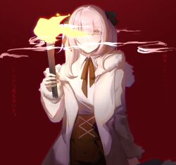 1girl absurdres ada_(iyowa) adipocere_(vocaloid) black_ribbon black_skirt chinese_commentary coat collared_shirt commentary_request cowboy_shot expressionless fire fur-trimmed_coat fur_trim grey_eyes hair_ribbon highres holding holding_torch iyowa_girls jiyuuu_(liye8049) light_blush long_hair looking_at_viewer lyrics neck_ribbon off_shoulder one_eye_covered open_clothes open_coat parted_lips pink_hair red_background ribbon shirt shirt_tucked_in simple_background skirt smoke solo standing straight-on torch twintails white_coat white_shirt