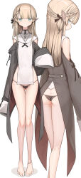 1girl anklet ass black_panties blonde_hair blue_eyes clothing_cutout genek highres jewelry long_hair looking_at_viewer multiple_views nun original panties pointy_ears shoulder_cutout sleeves_past_fingers sleeves_past_wrists string_panties underwear white_background