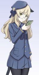 Rule 34 | animal ears, beret, black necktie, black pantyhose, blonde hair, blue jacket, blue skirt, cat ears, cat girl, cat tail, cellphone, contemporary, emblem, glass, hat, highres, holding, holding phone, jacket, long hair, looking at viewer, necktie, pantyhose, perrine h. clostermann, phone, simple background, skirt, solo, standing, strike witches, tail, tajantajanori, world witches series, yellow eyes
