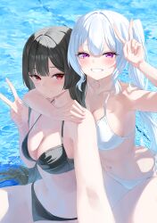 2girls :d absurdres bikini black_bikini black_hair blush breasts center-flap_bangs closed_mouth collarbone commentary_request grin hair_between_eyes highres long_hair looking_at_viewer multiple_girls navel open_mouth original pool purple_eyes red_eyes rissenka smile swimsuit teeth twintails v white_bikini white_hair