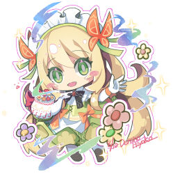 Rule 34 | 1girl, apron, black bow, black bowtie, blonde hair, blush, bow, bowtie, butterfly hair ornament, celine (blissful tea party) (fire emblem), celine (fire emblem), dress, dress bow, fire emblem, fire emblem engage, fire emblem heroes, flower, gloves, green dress, green ribbon, hair ornament, holding, holding teapot, long hair, maid, maid apron, maid headdress, nintendo, official alternate costume, open mouth, pantyhose, ribbon, ryoto soukyuu, smile, solo, teapot, very long hair, white gloves, white pantyhose, yellow dress