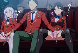 2girls 3boys advanced_nurturing_high_school_uniform beret black_hair black_headwear black_thighhighs blazer blue_bow blue_bowtie blue_necktie bow bow_panties bowtie closed_mouth collared_shirt commentary_request covering_own_mouth daiaru embarrassed faceless faceless_male female_orgasm fingering hair_ribbon hand_in_another&#039;s_panties hand_in_panties hat horikita_suzune imminent_orgasm indoors jacket long_hair long_sleeves medium_hair multiple_boys multiple_girls necktie object_insertion orgasm panties pants pink_panties pleated_skirt public_indecency pussy_juice_stain red_eyes red_jacket ribbon rolling_eyes sakayanagi_arisu school_uniform sex_toy shirt short_hair skirt smile spread_legs stained_panties stealth_fingering theater_seating thighhighs underwear vaginal vaginal_object_insertion vibrator vibrator_in_thighhighs white_hair white_panties white_ribbon white_shirt white_skirt white_thighhighs yamauchi_haruki youkoso_jitsuryoku_shijou_shugi_no_kyoushitsu_e