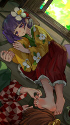 2girls absurdres barefoot bell brown_hair checkered_clothes checkered_kimono feet floral_print flower flower_hairpin green_skirt hieda_no_akyuu highres indoors japanese_clothes jingle_bell kimono kourou_(kouroukun) lying motoori_kosuzu multiple_girls on_side pinching pinching_toe purple_eyes purple_hair red_kimono red_skirt skirt soles toes touhou white_flower white_kimono yellow_kimono