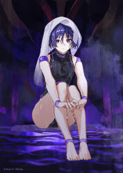 1boy absurdres alalen artist_name black_leotard blunt_ends body_markings closed_mouth covered_collarbone doll_joints expressionless eyelashes eyeliner eyeshadow fingernails full_body genshin_impact highres joints legs_together leotard looking_at_viewer makeup male_focus mecha miasma own_hands_together purple_eyes purple_hair red_eyeliner red_eyeshadow robot scaramouche_(genshin_impact) scaramouche_(shouki_no_kami)_(genshin_impact) sitting solo toenails toes towel towel_on_head wanderer_(genshin_impact) wet wispy_bangs