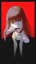 Rule 34 | 1girl, 1other, absurdres, black border, black coat, black necktie, blood, blunt bangs, border, chainsaw man, coat, collared shirt, commentary, disembodied hand, english commentary, highres, long hair, looking at viewer, makima (chainsaw man), necktie, red background, red eyes, red hair, ringed eyes, ruuudy (shirozu07), shirt, teeth, white shirt