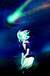 1other androgynous aqua_eyes aqua_hair black_jacket black_necktie black_shorts gem_uniform_(houseki_no_kuni) grass highres houseki_no_kuni jacket looking_at_viewer necktie night night_sky open_mouth other_focus outdoors phosphophyllite puffy_short_sleeves puffy_sleeves short_hair short_sleeves shorts signature sky solo sosou_08 standing