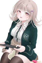 1girl absurdres black_jacket black_shirt breasts brown_hair brown_skirt brown_thighhighs candy chocolate chocolate_heart collared_shirt d: danganronpa_(series) danganronpa_2:_goodbye_despair dress_shirt food galaga hair_ornament handheld_game_console heart heart-shaped_food highres holding holding_handheld_game_console jacket kon&#039;nichiwa large_breasts long_sleeves looking_at_viewer medium_hair melting miniskirt nanami_chiaki neck_ribbon open_clothes open_jacket open_mouth pink_eyes pink_ribbon pleated_skirt ribbon shirt simple_background sitting skirt solo teeth thighhighs upper_teeth_only white_background white_shirt