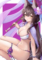 Rule 34 | 1girl, absurdres, animal ear fluff, animal ears, bikini, black hair, blue archive, blush, breasts, capelet, cleavage, closed mouth, collarbone, flower, fox ears, fox girl, fox tail, fujimori shiki, hair flower, hair ornament, halo, highres, holding, holding umbrella, large breasts, long hair, looking at viewer, navel, official alternate costume, parasol, purple capelet, red halo, smile, solo, stomach, swimsuit, tail, tail flower, tail ornament, thighs, umbrella, wakamo (blue archive), wakamo (swimsuit) (blue archive), white bikini, yellow eyes
