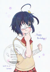 Rule 34 | 1girl, ahoge, bandaged arm, bandages, blue background, blue hair, blush, chuunibyou demo koi ga shitai!, clenched hand, closed mouth, collared shirt, dated, eyepatch, gradient background, hand on own chin, happy birthday, icho private high school uniform, light smile, looking at viewer, medical eyepatch, neck ribbon, one side up, red ribbon, ri sakuhin, ribbon, school uniform, shirt, short hair, signature, smug, solo, star (symbol), summer uniform, sweater vest, takanashi rikka, watermark, white shirt, yellow sweater vest