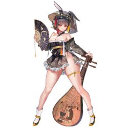 1girl :&lt; ajirogasa animal_ears armpit_crease baekto_(last_origin) bare_shoulders biwa_lute black_hair black_hat black_kimono black_veil blonde_hair blush braid breasts bursting_breasts chinese_knot chinese_zodiac cleavage closed_mouth collarbone colored_inner_hair crescent_moon crotch_seam crown_braid flower flower_knot frilled_kimono frills fundoshi gluteal_fold hair_ornament han&#039;eri hand_fan haori_himo hat highres holding holding_fan holding_instrument instrument japanese_clothes kanzashi kimono kimono_skirt large_breasts last_origin leaf_print legs_apart long_hair looking_at_viewer lute_(instrument) magical_baekto mochitsuki moon moon_rabbit mortar_(bowl) multicolored_hair nail_polish obi official_alternate_costume official_art open_clothes open_kimono plum_blossoms rabbit_ears rabbit_hair_ornament rabbit_tail red_eyes red_nails red_ribbon ribbon sash see-through_clothes see-through_sleeves skindentation solo standing tachi-e taesi tail thick_thighs thigh_strap thighs two-tone_hair veil white_footwear year_of_the_rabbit