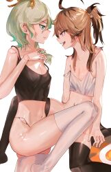 2girls absurdres advarcher black_camisole black_thighhighs blonde_hair breasts brown_hair camisole cecilia_immergreen convenient_leg crop_top doll_joints gigi_murin green_eyes green_hair highres hololive hololive_english joints medium_hair multicolored_hair multiple_girls navel no_panties pink_eyes ponytail small_breasts tail thighhighs two-tone_hair virtual_youtuber white_camisole white_thighhighs winding_key yuri