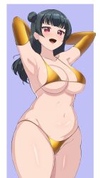 1girl armpits arms_behind_head bikini black_hair blush breasts cleavage elbow_gloves fang gloves gold_bikini gold_gloves hair_bun large_breasts long_hair love_live! love_live!_sunshine!! mortdecai navel open_mouth pink_eyes side_bun solo standing swimsuit thick_thighs thighs tsushima_yoshiko wide_hips