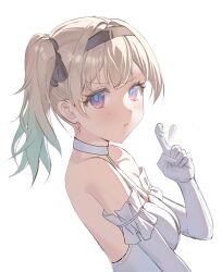 Rule 34 | 1girl, absurdres, black hairband, blush, choker, closed mouth, devl ga aru, dress, firefly (honkai: star rail), frilled dress, frills, gradient eyes, gradient hair, green pupils, grey hair, hair between eyes, hair intakes, hair ribbon, hairband, highres, honkai: star rail, honkai (series), index finger raised, multicolored eyes, multicolored hair, off-shoulder dress, off shoulder, pout, ribbon, short twintails, simple background, solo, twintails, two-tone eyes, waving, white background, white choker, white dress