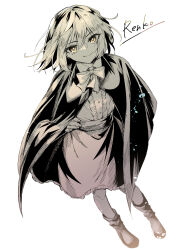 1girl absurdres ankle_boots boots bow character_name cloak collared_shirt frilled_shirt frilled_skirt frills hand_on_own_hip highres kinese_(katasutorohu) light looking_at_viewer medium_hair monochrome shirt skirt smile touhou usami_renko wind