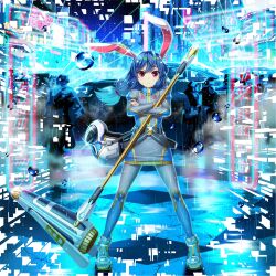 1girl alternate_costume animal_ears belt blue_dress blue_hair blue_pantyhose closed_mouth crescent crossed_arms dress earclip frown full_body game_cg gold_trim grey_dress grey_pantyhose helmet highres kine long_hair long_sleeves looking_at_viewer low_twintails mallet multicolored_dress multicolored_pantyhose official_art pantyhose rabbit_ears rabbit_girl red_eyes rotte_(1109) science_fiction seiran_(thought_investigator_of_the_capital)_(touhou) seiran_(touhou) solo space_helmet spacesuit third-party_source touhou touhou_lostword transparent_background twintails unworn_headwear unworn_helmet