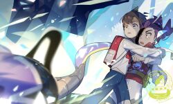 Rule 34 | 2boys, black hair, blue pants, brown hair, highres, hug, kieran (pokemon), male focus, miraidon, multiple boys, nintendo, pants, pokemon, pokemon (creature), pokemon sv, purple hair, red shirt, shirt, short hair, suikaels, white pants, white shirt