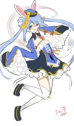 Rule 34 | 1girl, :q, animal ears, black dress, black shoes, blue hair, blue hat, blue sleeves, braid, closed mouth, commentary request, don-chan (usada pekora), dress, frilled dress, frills, full body, glasses, hat, highres, hololive, jiangshi costume, kiritoma, long hair, multicolored hair, ofuda, qingdai guanmao, rabbit-shaped pupils, rabbit ears, red eyes, shoes, short eyebrows, simple background, sleeves past fingers, sleeves past wrists, smile, solo, symbol-shaped pupils, thick eyebrows, thighhighs, tongue, tongue out, twintails, two-tone hair, usada pekora, usada pekora (10th costume), very long hair, virtual youtuber, white background, white hair, white thighhighs, wide sleeves