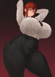 arms_behind_head arms_up black_necktie black_pants breasts chainsaw_man from_below highres huge_breasts looking_at_viewer looking_down makima_(chainsaw_man) necktie pants red_hair shirt tight_clothes tight_pants tight_shirt white_shirt zer0.zer0
