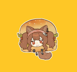 1girl :3 angelina_(arknights) animal_ears arknights black_socks brown_hair burger chibi chinese_commentary commentary_request dot_nose earpiece food foodification fox_ears fox_girl fox_tail hairband long_hair looking_at_viewer outline red_eyes red_hairband sidelocks simple_background socks solo striped_clothes striped_hairband tail twintails two-tone_hairband white_outline yellow_background yu_kongbai_yitong_ronghua