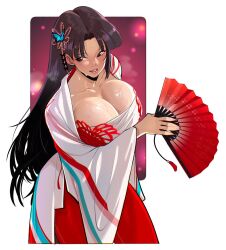 Rule 34 | 1girl, arm across waist, breasts, butterfly hair ornament, cleavage, cropped legs, fatal fury, folding fan, hair down, hair ornament, hand fan, haori, holding, holding fan, huge breasts, japanese clothes, kukumomo, long hair, official alternate costume, official alternate hairstyle, pants, parted lips, red pants, shiranui mai, smile, solo, street fighter, street fighter 6, sweat, very sweaty
