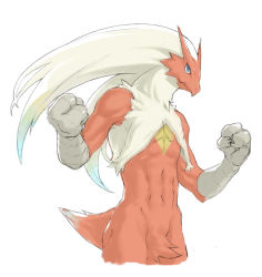 1boy abs beak blaziken blue_eyes claws clenched_hand furry furry_male gen_3_pokemon hands_up jpeg_artifacts karasumareko long_hair male_focus nintendo pokemon pokemon_(creature) pokemon_rse simple_background solo standing tail white_background white_hair