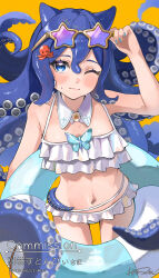 1girl ;) absurdres adjusting_eyewear bikini blue_eyes blue_hair blush borrowed_character closed_mouth commentary commission cowboy_shot detached_collar eyewear_on_head frilled_bikini frills hair_between_eyes hand_on_eyewear haru_yu highres innertube long_hair looking_at_viewer navel octopus_hair_ornament one_eye_closed original simple_background skeb_commission smile solo star-shaped_eyewear star_(symbol) sunglasses swim_ring swimsuit tentacle_hair wet white_bikini yellow_background