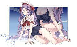 2girls barefoot beret breasts commission dated fate/grand_order fate_(series) forehead glowing glowing_eyes hat highres koimizu large_breasts long_hair medusa_(fate) medusa_(rider)_(fate) multiple_girls one-piece_swimsuit one_eye_covered puffy_short_sleeves puffy_sleeves purple_eyes purple_hair red_eyes sailor_collar sailor_shirt school_swimsuit shirt short_sleeves sideboob signature sitting skeb_commission smile stheno_(fate) swimsuit thank_you twintails very_long_hair white_hat white_shirt yokozuwari