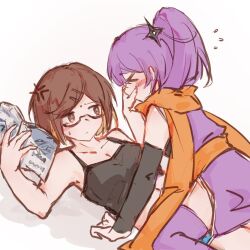 &gt;_&lt; 2girls anger_vein bare_arms black_camisole book brown_eyes brown_hair camisole detached_sleeves flying_sweatdrops glasses holding holding_book japanese_clothes kimono koga_konoha kusagakure_satoko multiple_girls ninja ninja_to_koroshiya_no_futarigurashi orange_scarf ponytail purple_hair purple_kimono purple_thighhighs scarf short_hair short_kimono shuriken_hair_ornament simple_background sleeveless sleeveless_kimono straddling stringtheoryszn thighhighs white_background yuri